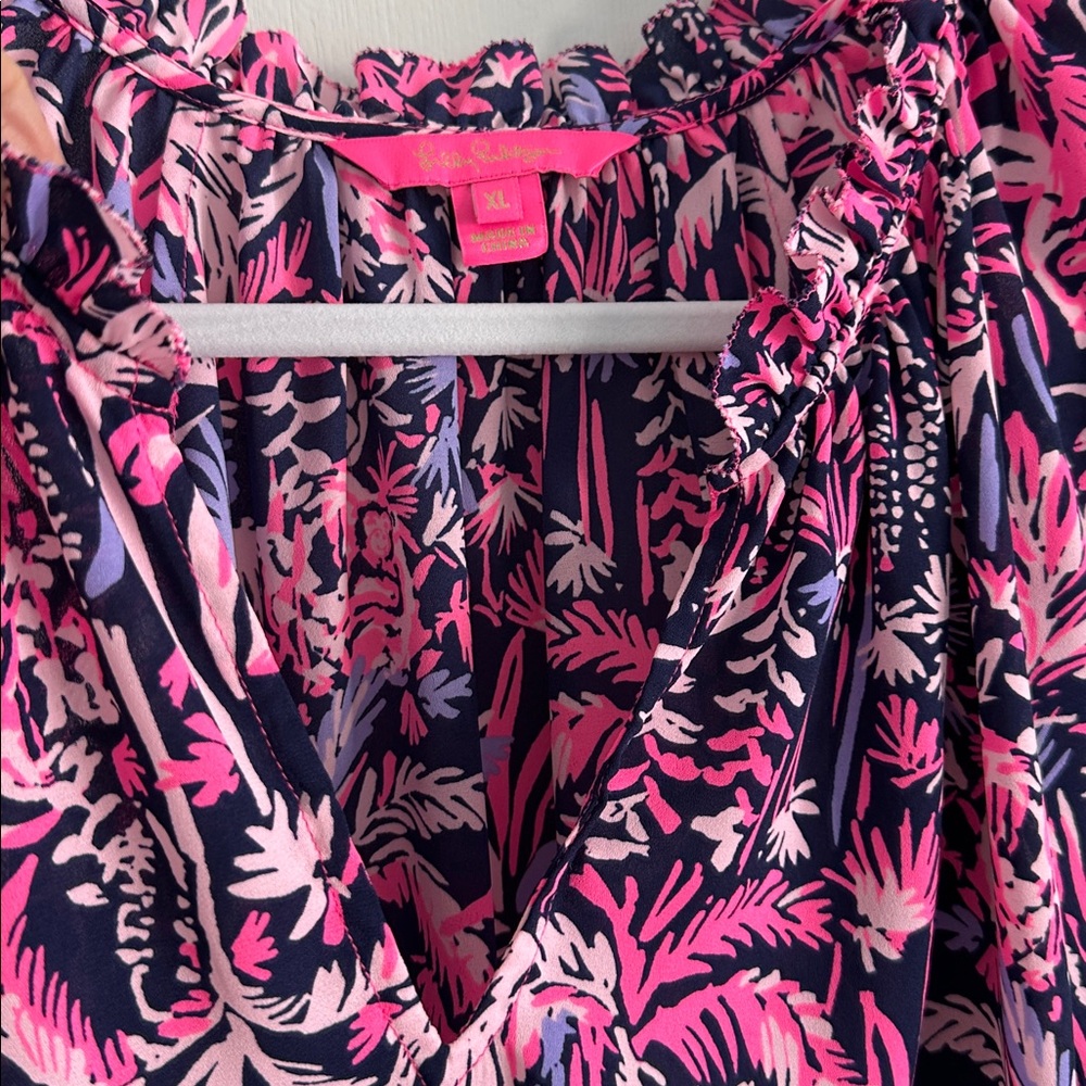 LILLY PULITZER Savanna LS Top Pink Navy Flounce Hem EUC Sz XL - Picture 8 of 14